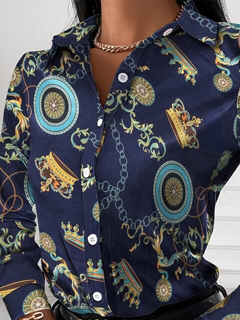 Gorgeously Printed Collared Neck Long Sleeve Shirt